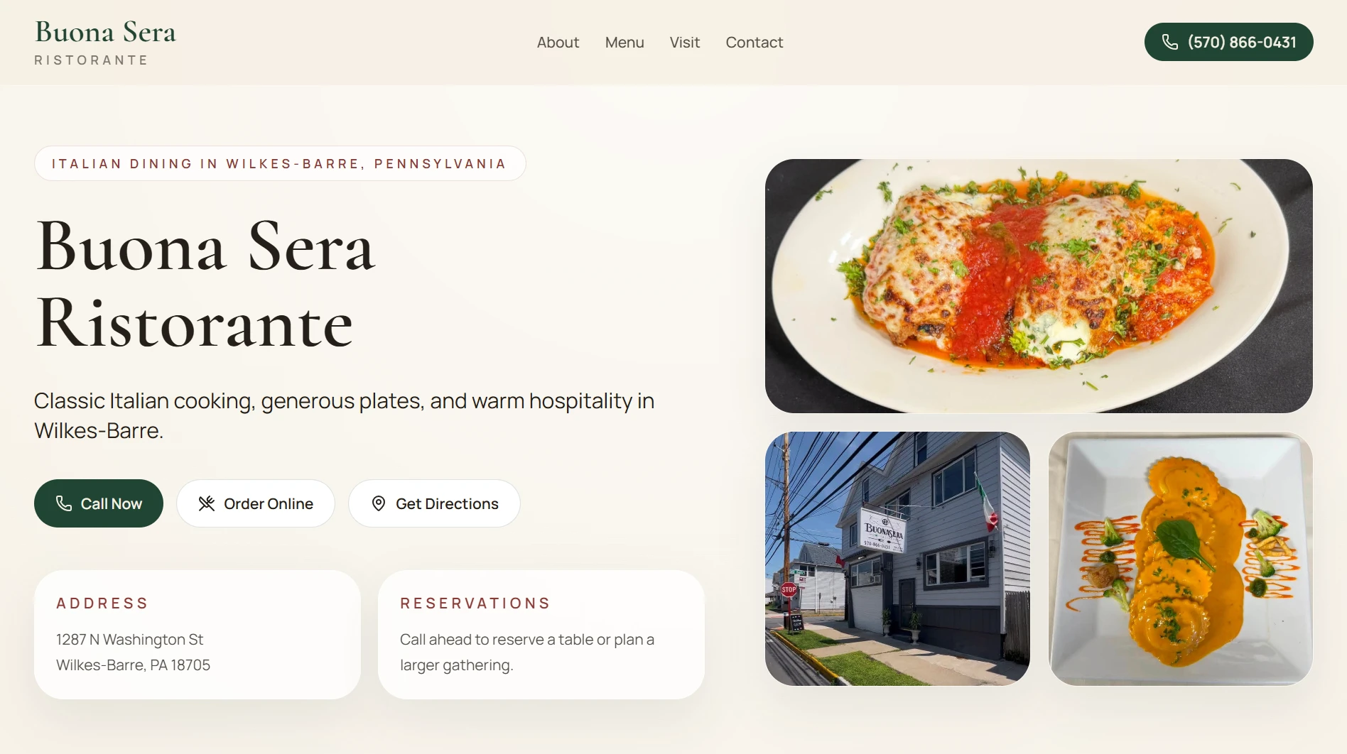 Buona Sera Ristorante website designed and developed by builtbya², featuring its Italian dishes, clear navigation, and customer calls to action.
